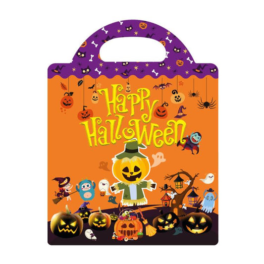 Children's Happy Halloween reusable sticker sheet card with pumpkins and spooky characters