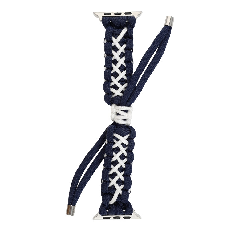 Braided umbrella cord watch strap, dark blue with white laced center, silver connector ends