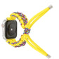 Braided umbrella cord Apple Watch strap with bright yellow cord, multicolor knots, silver end tips