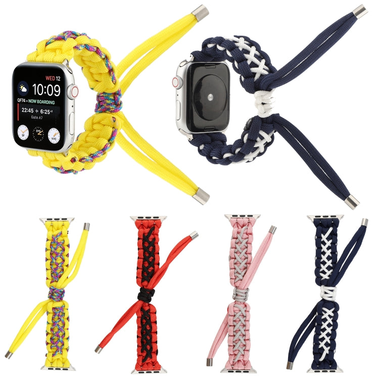 Braided umbrella cord strap for Apple Watch, set of yellow, red, pink, and navy braided styles