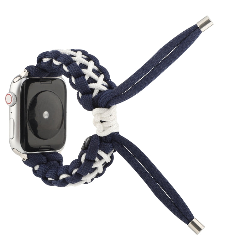 Apple Watch braided umbrella cord strap, dark blue braid with white tie sections and silver ends