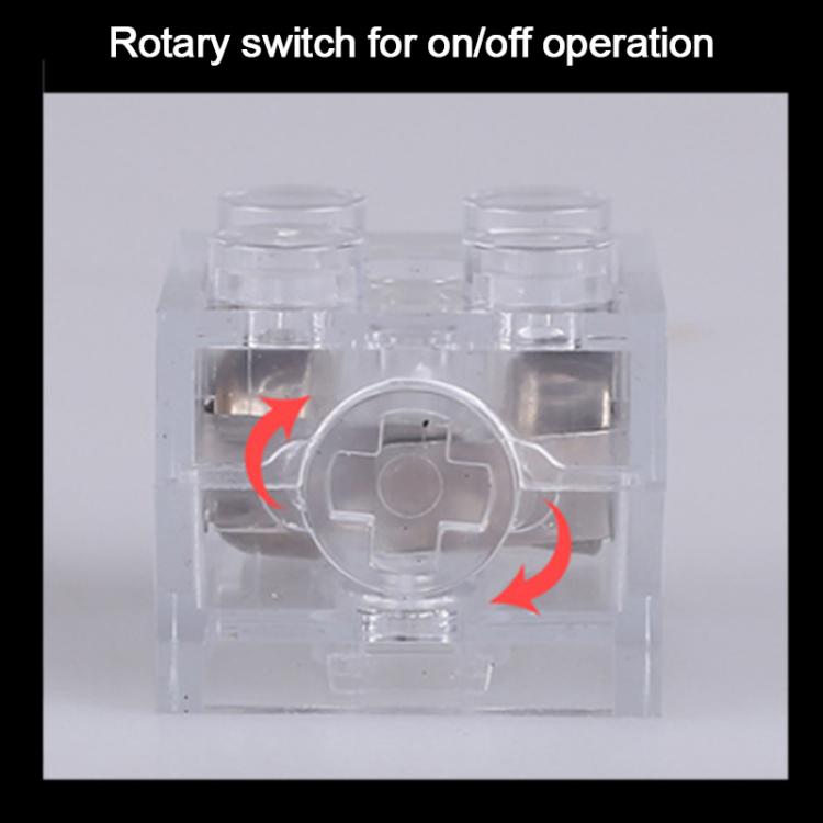 Clear 2x2 LED building blocks with rotary on/off switch mechanism