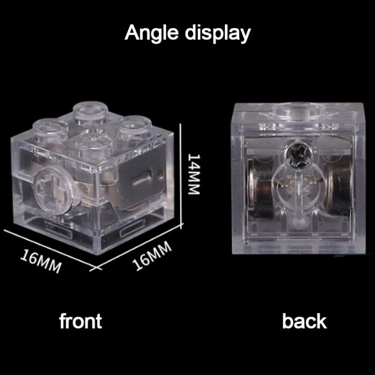 Clear 2x2 LED building block, front and back angle views with size markings