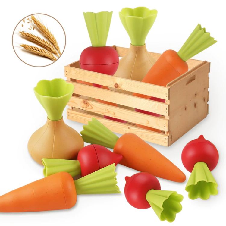 Children’s vegetable planting toy set with wooden crate and carrot, radish, lettuce pieces