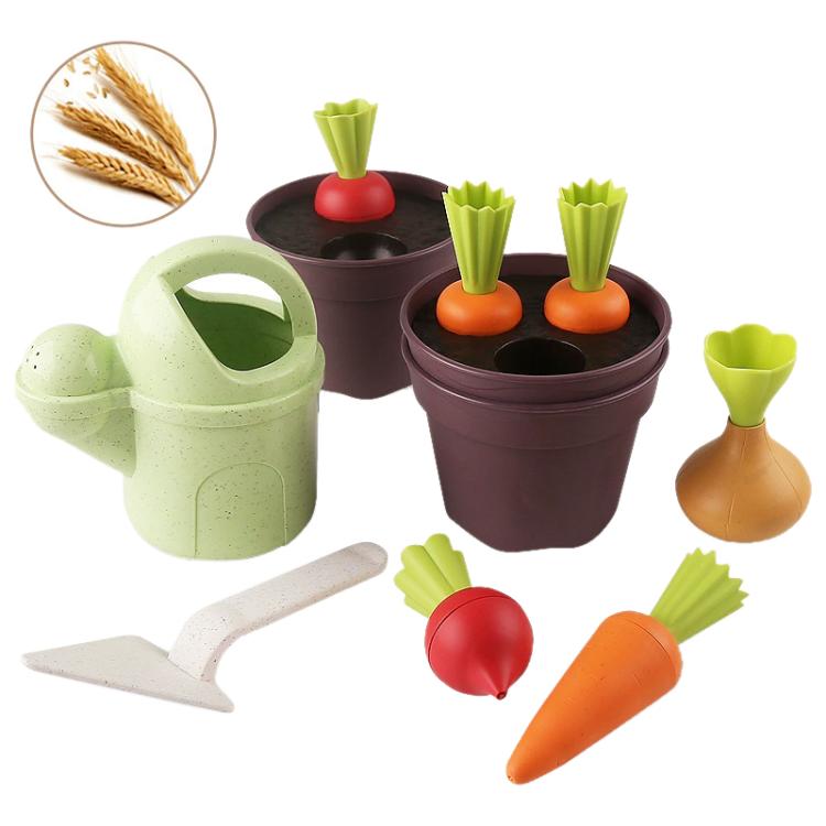 Children's wheat-straw pretend plant set with brown pots, red radishes, green stems