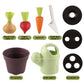 Pretend plant set pieces: purple flowerpots, light green watering can, soil tablets, white tools