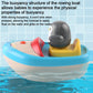 Penguin boat bath toy floating on water with red sprayer and grey penguin figure