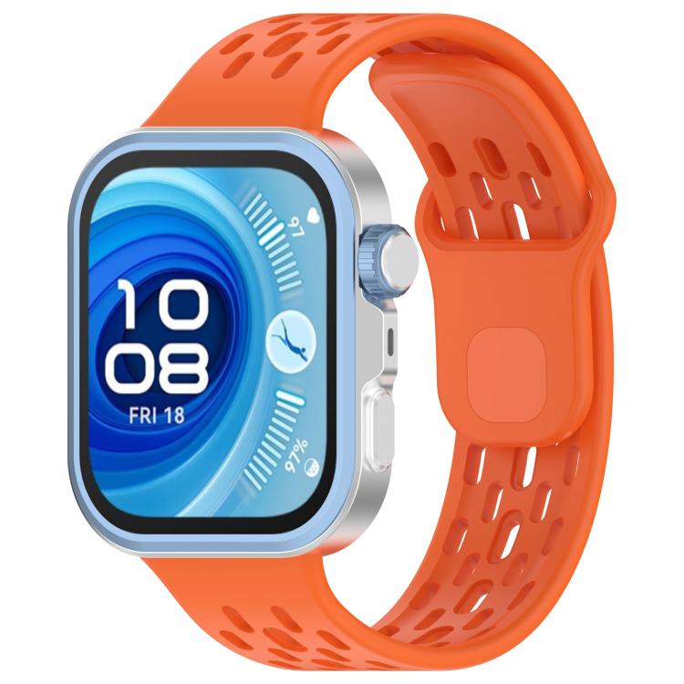 Orange perforated TPU watch band on a smartwatch