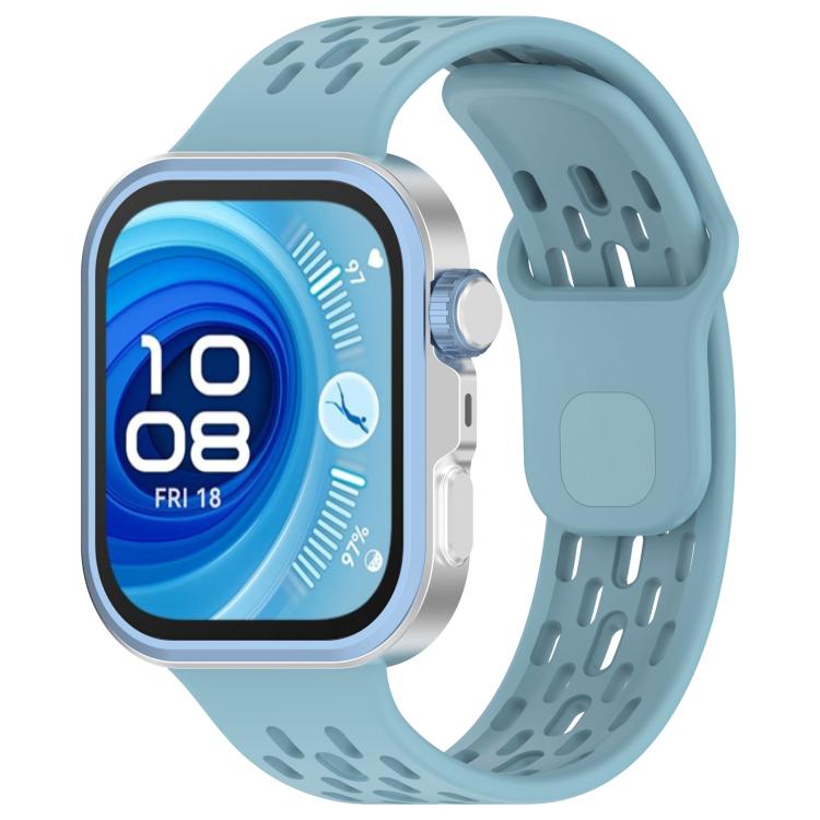 Blue perforated TPU watch band shown on a smartwatch