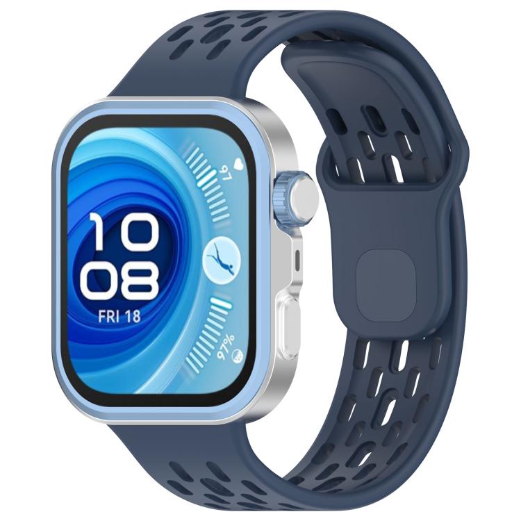 Dark blue perforated TPU watch band on a smartwatch