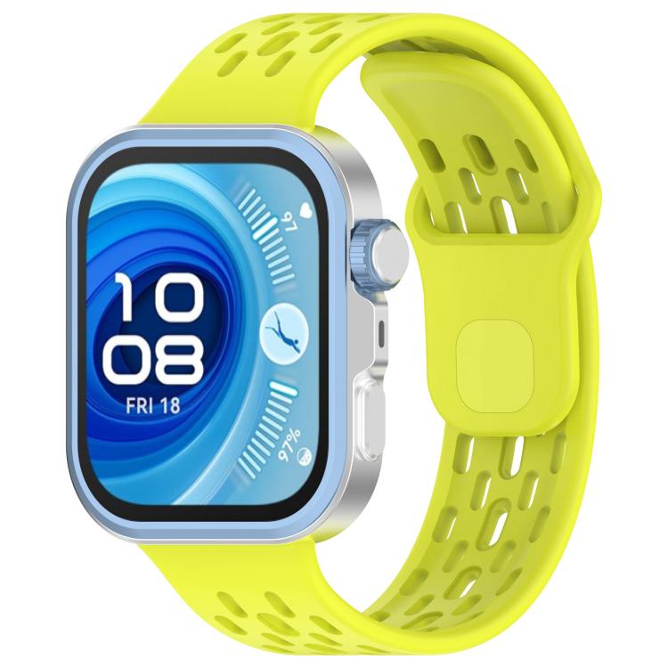 Bright yellow-green perforated TPU watch band shown on a smartwatch
