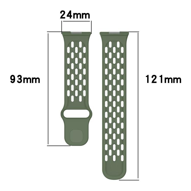 Dark green perforated TPU watch band with 24 mm width and 93 mm and 121 mm strap lengths