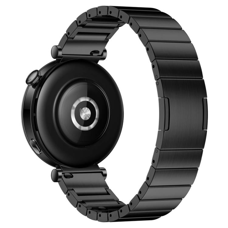 18mm stainless steel watch band in gunmetal gray with butterfly clasp, shown attached to a watch