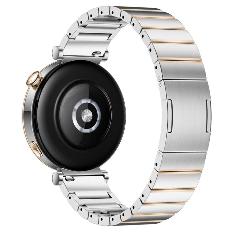 18mm silver and gold stainless steel watch band with butterfly clasp, shown attached to a watch