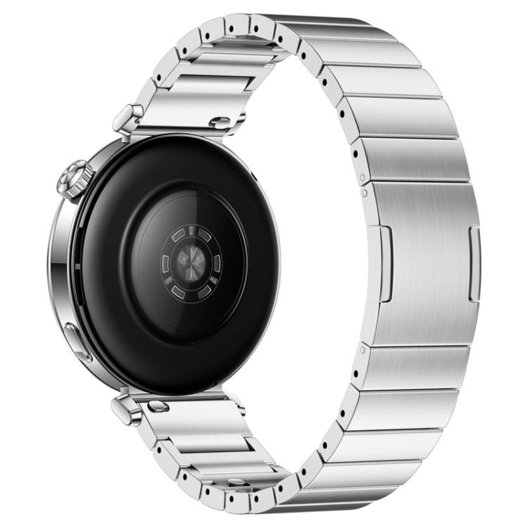 Silver stainless steel watch band with linked sections and butterfly clasp, shown from the back