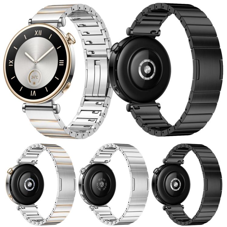 Stainless steel watch bands in silver, two-tone silver and gold, and dark finishes