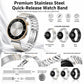 Silver stainless steel watch band with bead links, adjustable sections, and butterfly clasp