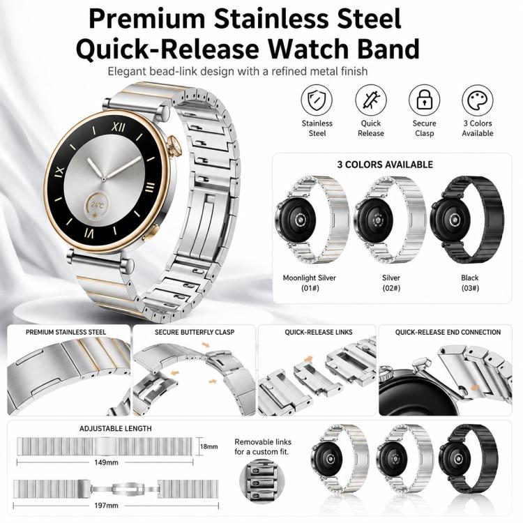 Silver stainless steel watch band with bead links, adjustable sections, and butterfly clasp