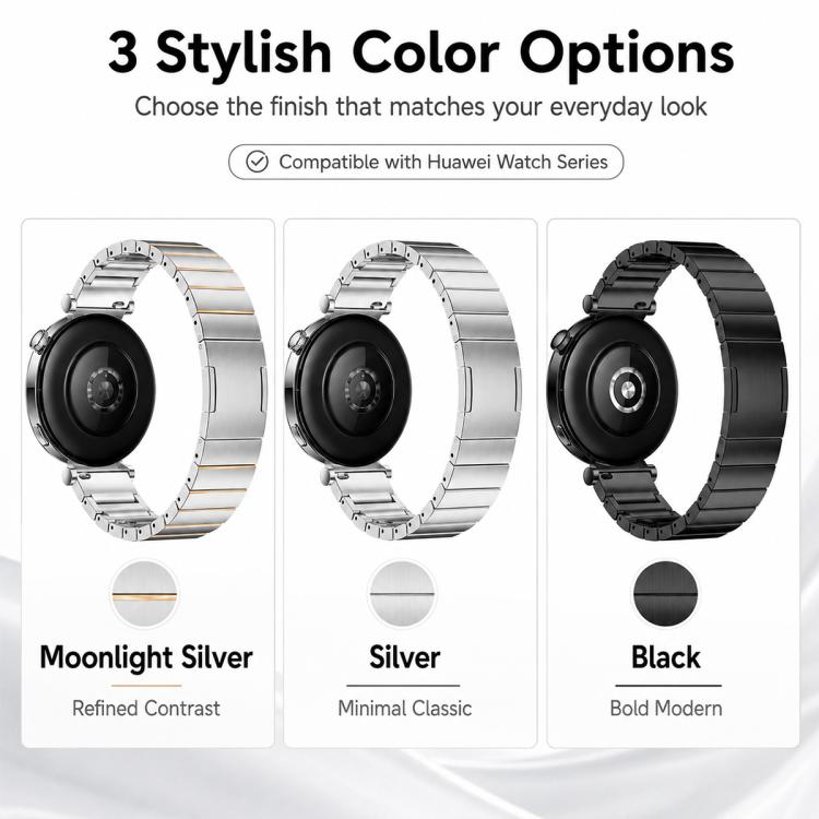 Watch bands in two-tone silver and gold, silver, and black stainless steel finishes