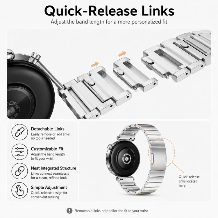 Silver watch band with detachable links and quick-release adjustment pins