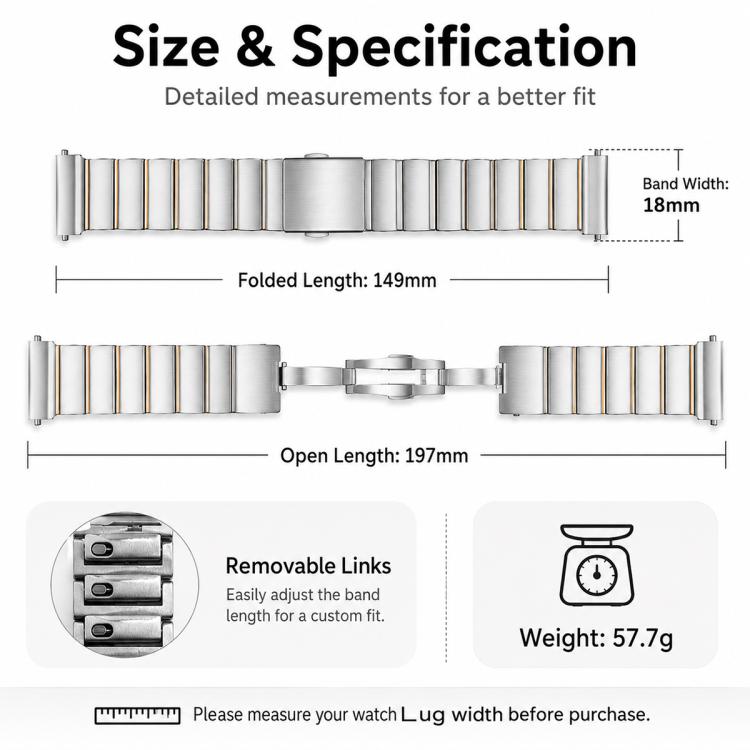 Two-tone stainless steel watch band shown folded and open, with removable links