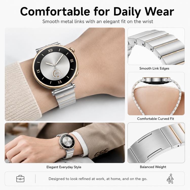 Silver watch band worn on the wrist, with smooth links and a curved fit