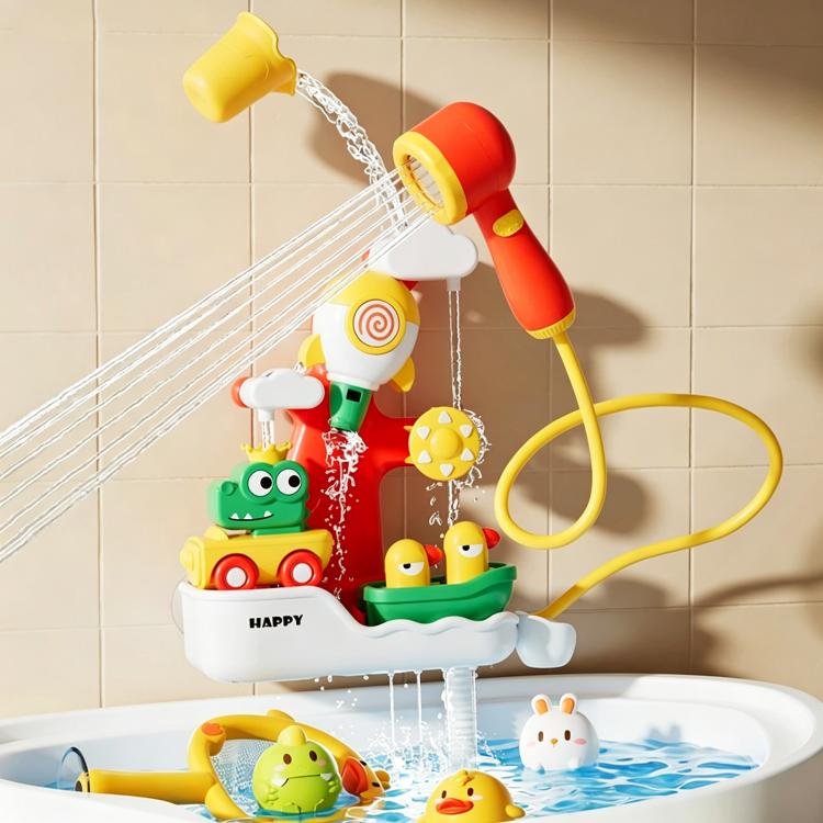 Interactive bath shower duck toy with red sprayer, yellow hose, and floating animal figures