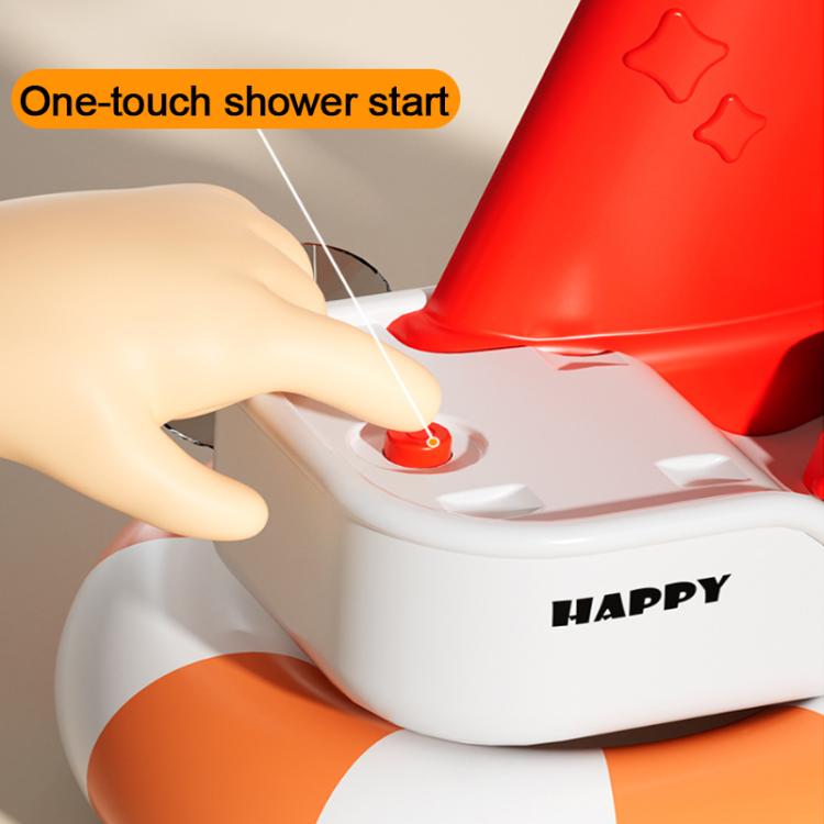 White bath toy unit with molded buttons and water activation area, held by a hand