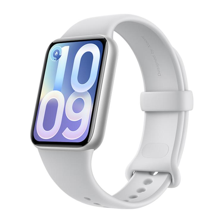 Xiaomi Smart Band 10 Pro with light gray band and blue digital display