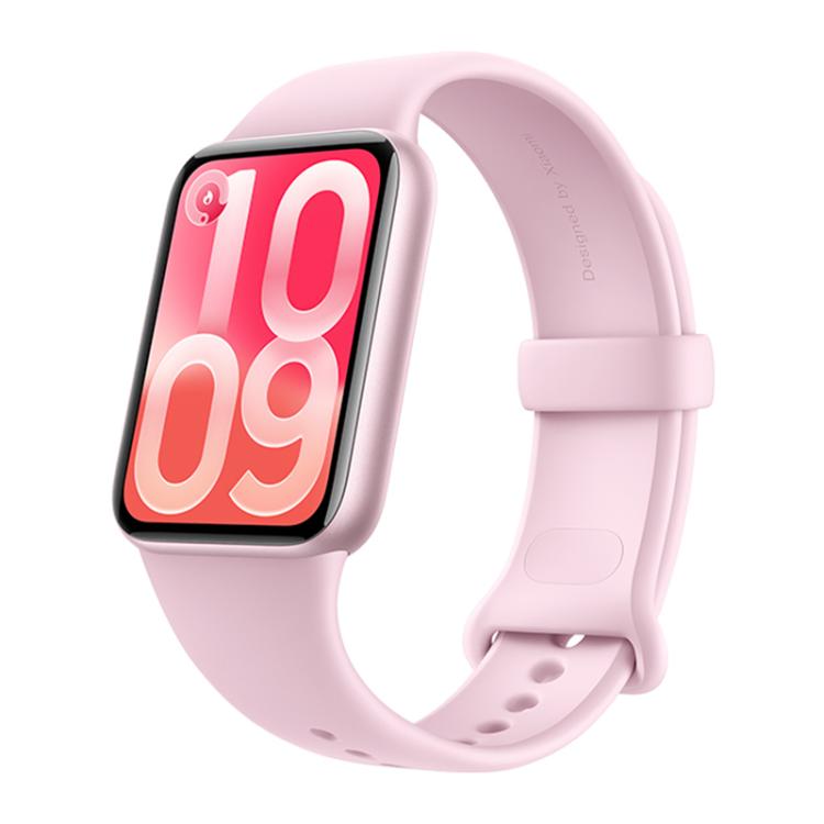 Xiaomi Smart Band 10 Pro with pale pink band and bright digital display