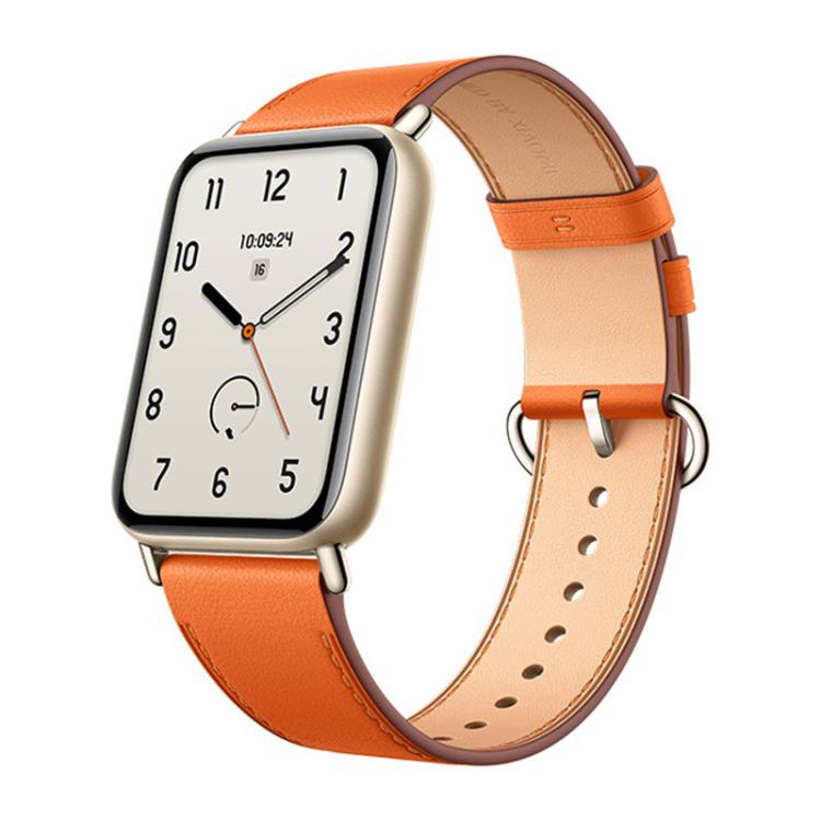 Xiaomi Smart Band 10 Pro with orange leather strap and silver-tone case