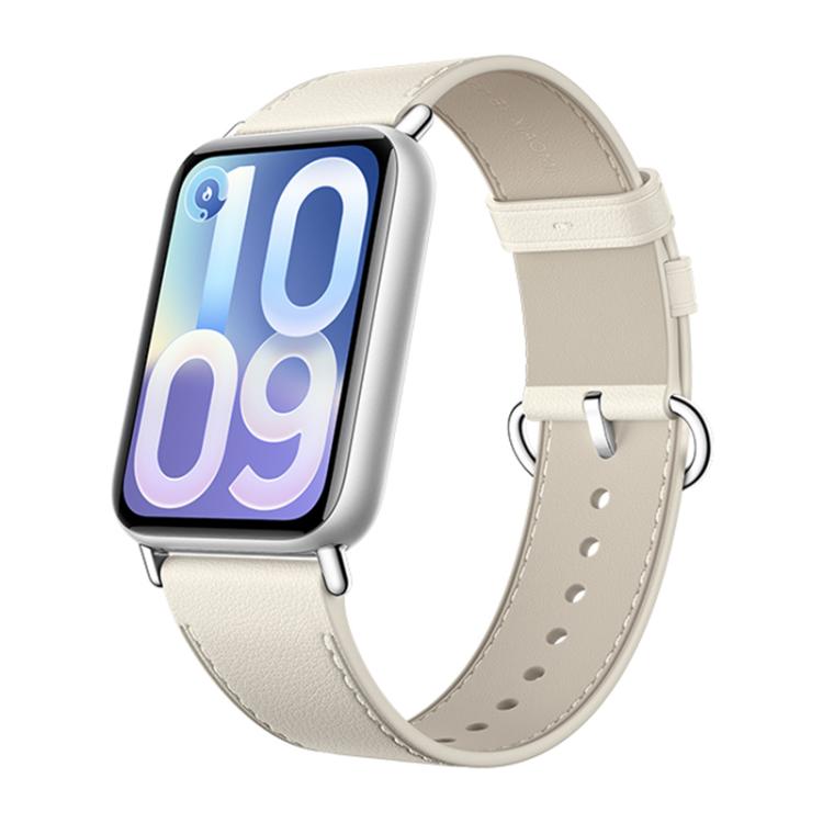 Xiaomi Smart Band 10 Pro with a silver case, color display and cream leather-style strap
