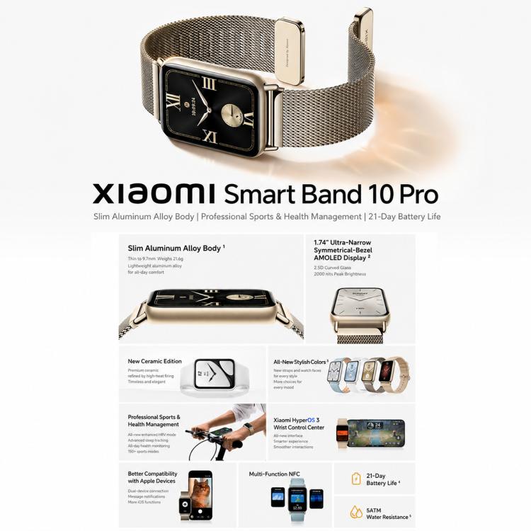 Xiaomi Smart Band 10 Pro with gold-tone mesh metal strap and black watch face