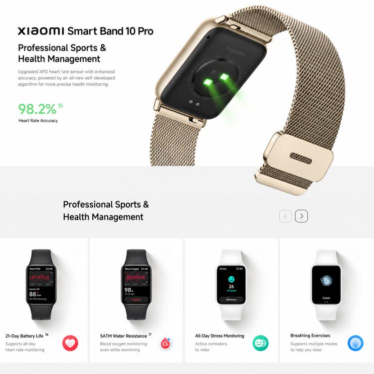 Xiaomi Smart Band 10 Pro with a gold-tone metal mesh strap and rear heart rate sensors