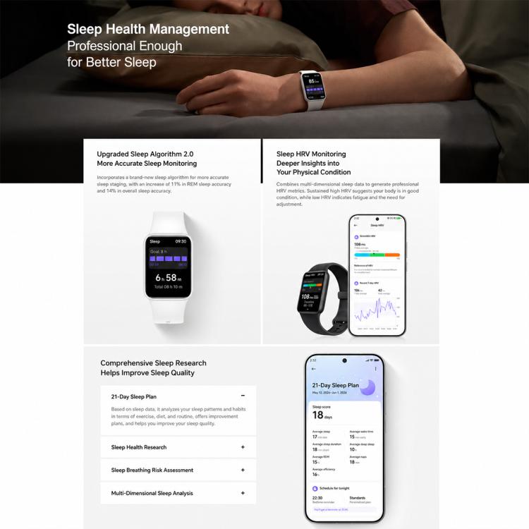 Xiaomi Smart Band 10 Pro with a white strap displaying sleep data beside a phone