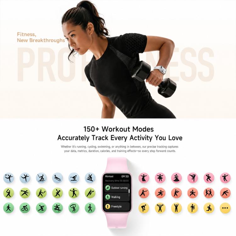 Xiaomi Smart Band 10 Pro with a pink strap displaying workout modes