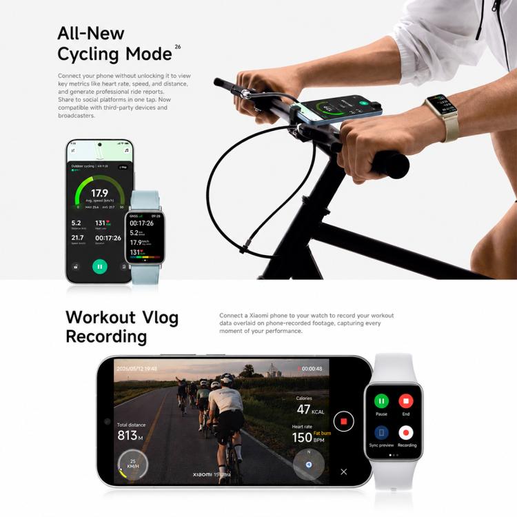 Xiaomi Smart Band 10 Pro with a light strap shown during cycling and workout recording