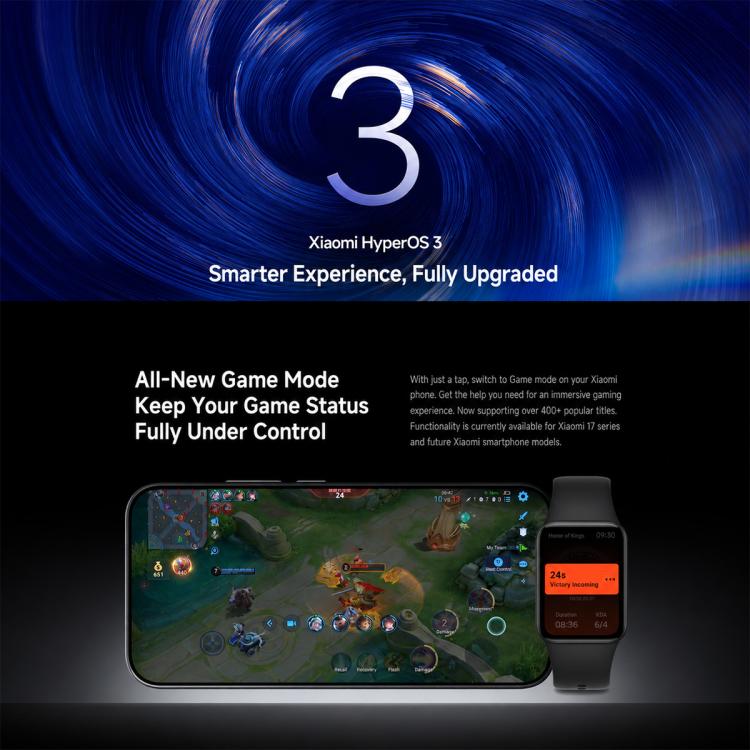 Xiaomi Smart Band 10 Pro with a black strap displaying game notifications beside a phone