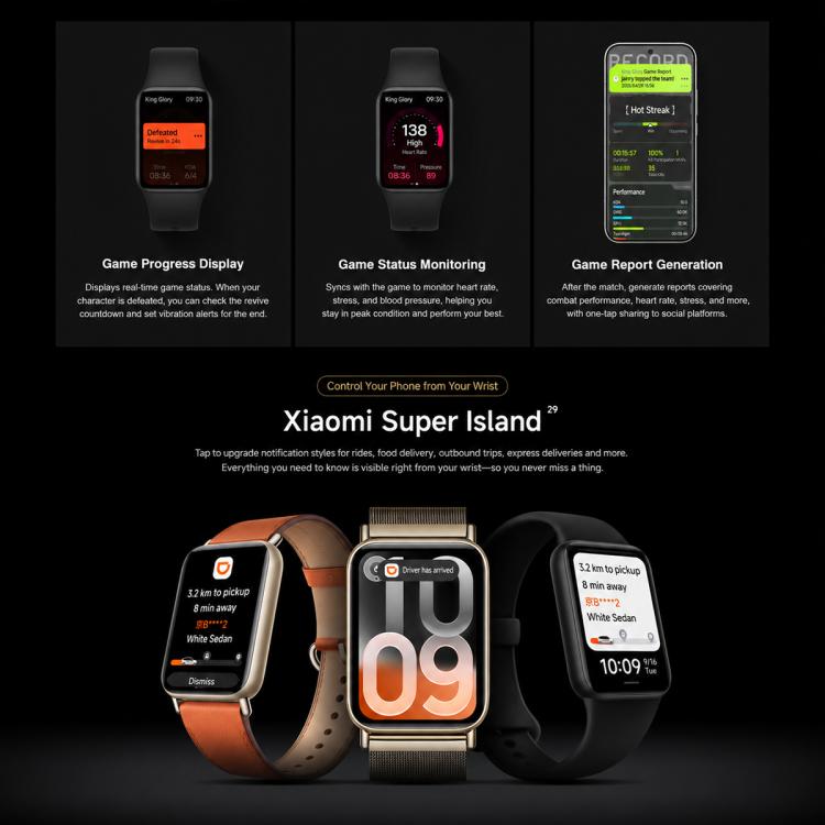 Xiaomi Smart Band 10 Pro feature panel with orange, light and black watch bands