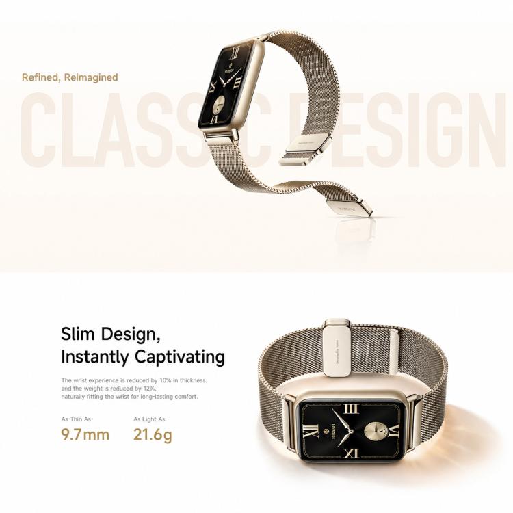 Xiaomi Smart Band 10 Pro with gold-tone mesh strap, shown open and fastened