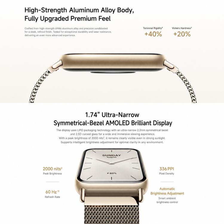 Xiaomi Smart Band 10 Pro with slim gold-tone case and mesh metal strap