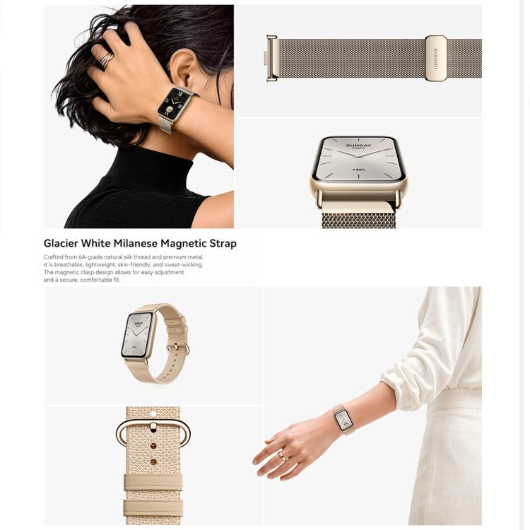 Xiaomi Smart Band 10 Pro with a champagne metal mesh strap and rectangular watch face