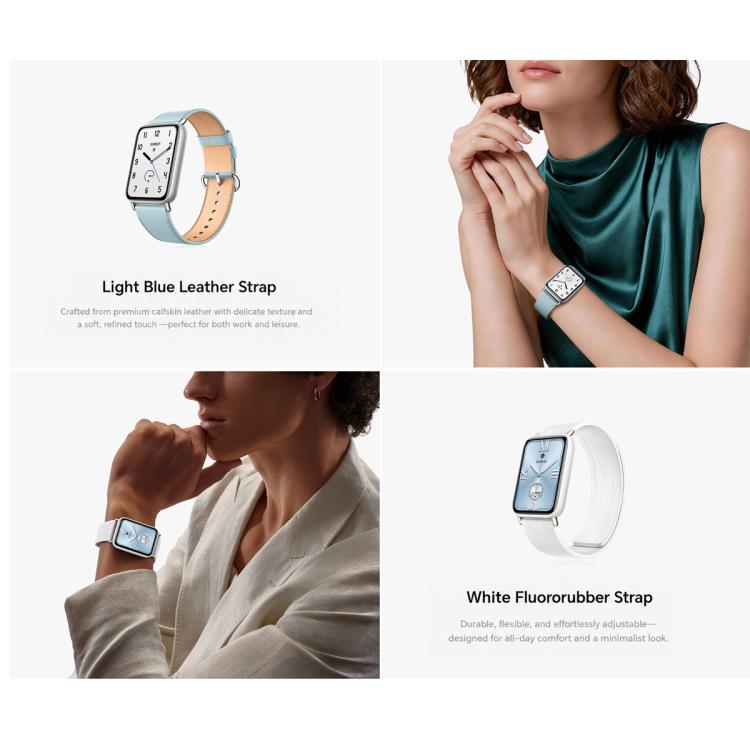 Xiaomi Smart Band 10 Pro with a light blue leather strap and silver rectangular face