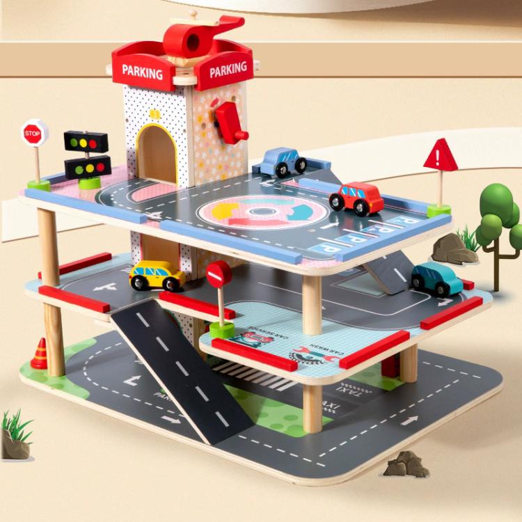 3-tier wooden parking lot playset with tower, ramps, and toy cars on levels