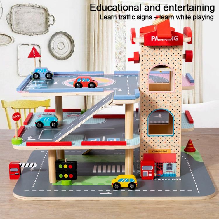 Wooden parking lot playset with traffic signs, ramps, and multiple toy cars on 3 levels