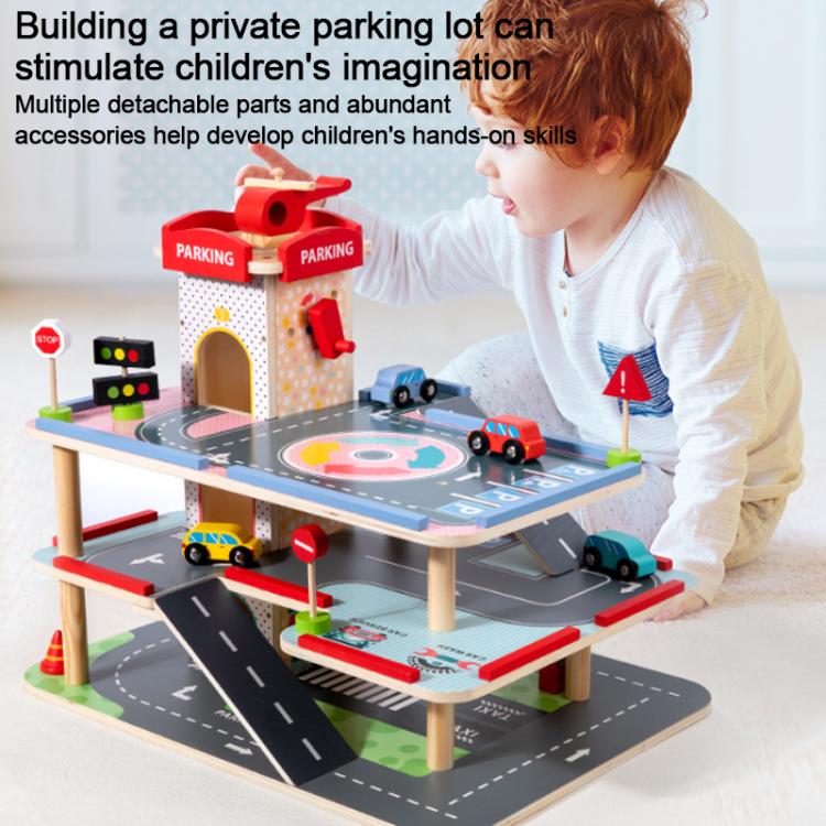 Child playing with 3-tier wooden parking lot playset with toy cars on multi-level roads