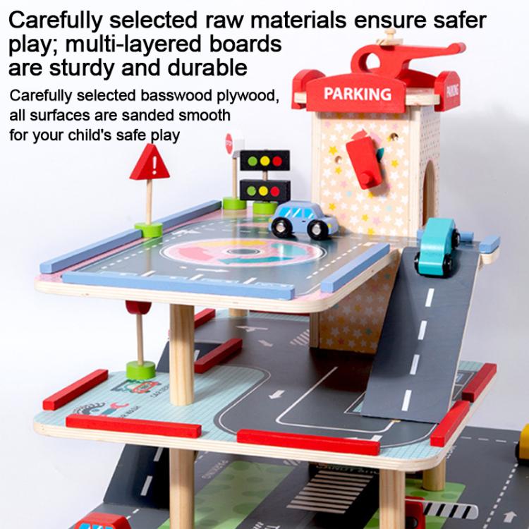 Wooden parking lot playset with red tower, traffic lights, and toy cars on roadways