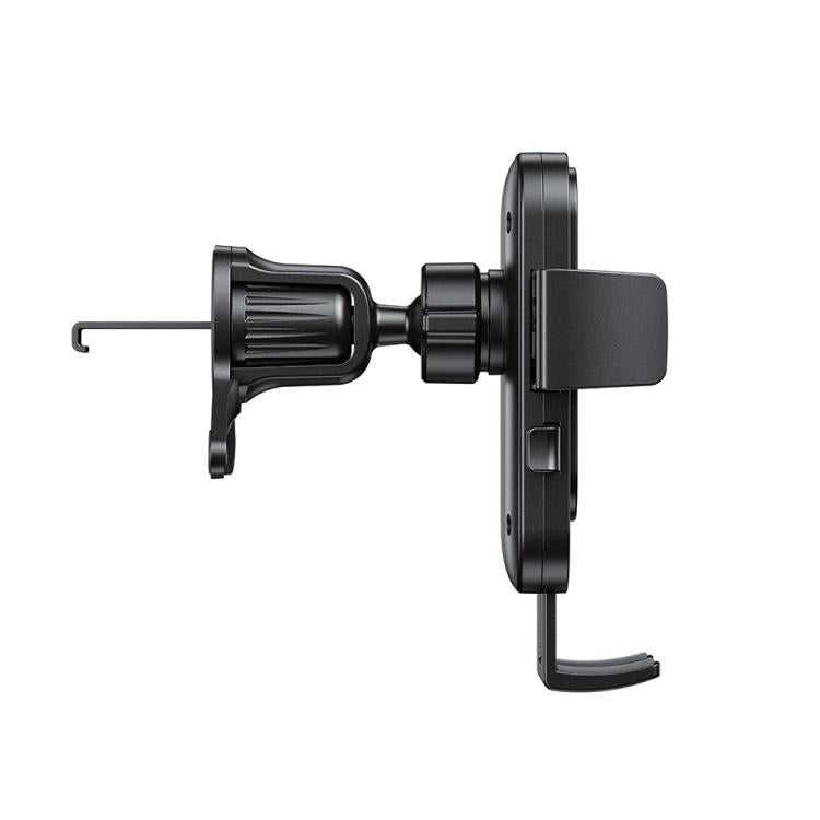 Black mechanical car phone holder with vent mount and adjustable clamp arms