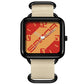 Square casual quartz watch with black bezel, red patterned dial, beige nylon strap