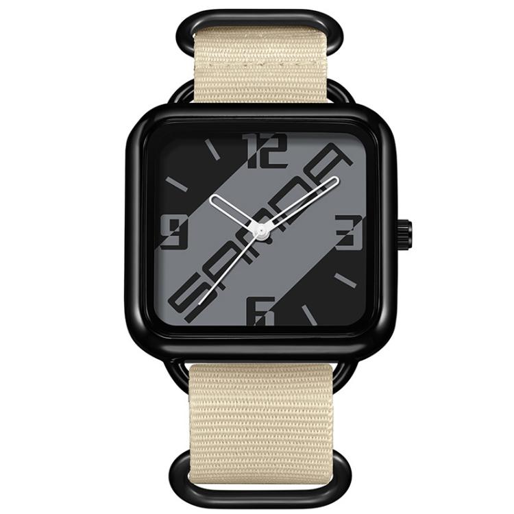 Square casual quartz watch with black bezel, dark gray patterned dial, beige nylon strap